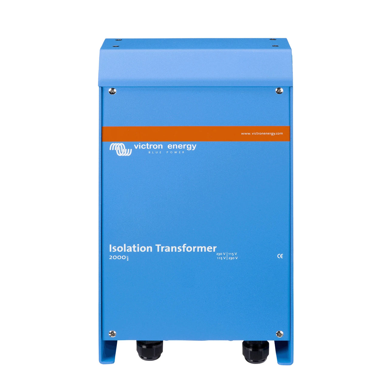 Front view of Victron 2000W isolation transformer showing voltage labels and cable glands