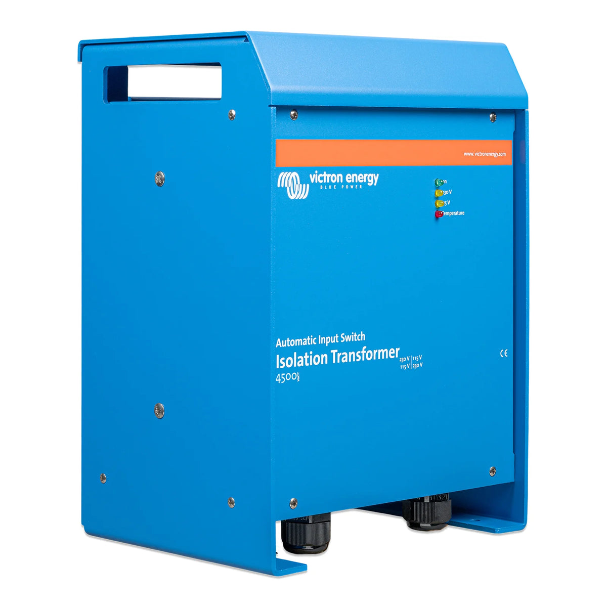 Side-angled view of the blue aluminium isolation transformer enclosure