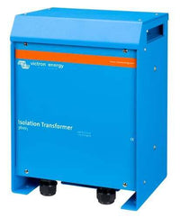Side perspective of blue isolation transformer highlighting sturdy marine-grade chassis