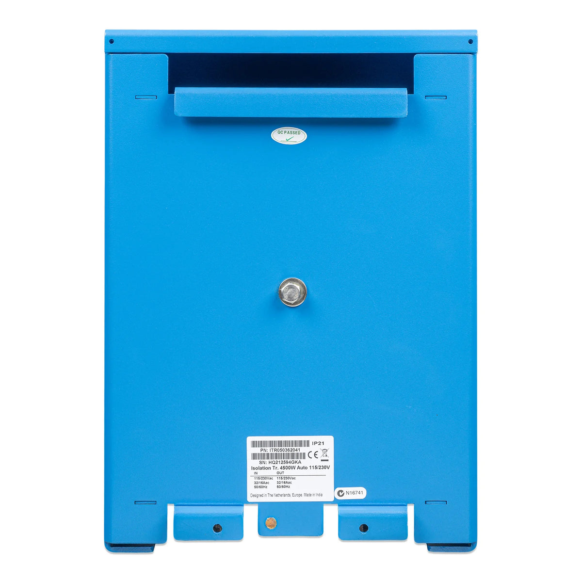 Rear technical label on the isolation transformer showing certifications and serial number