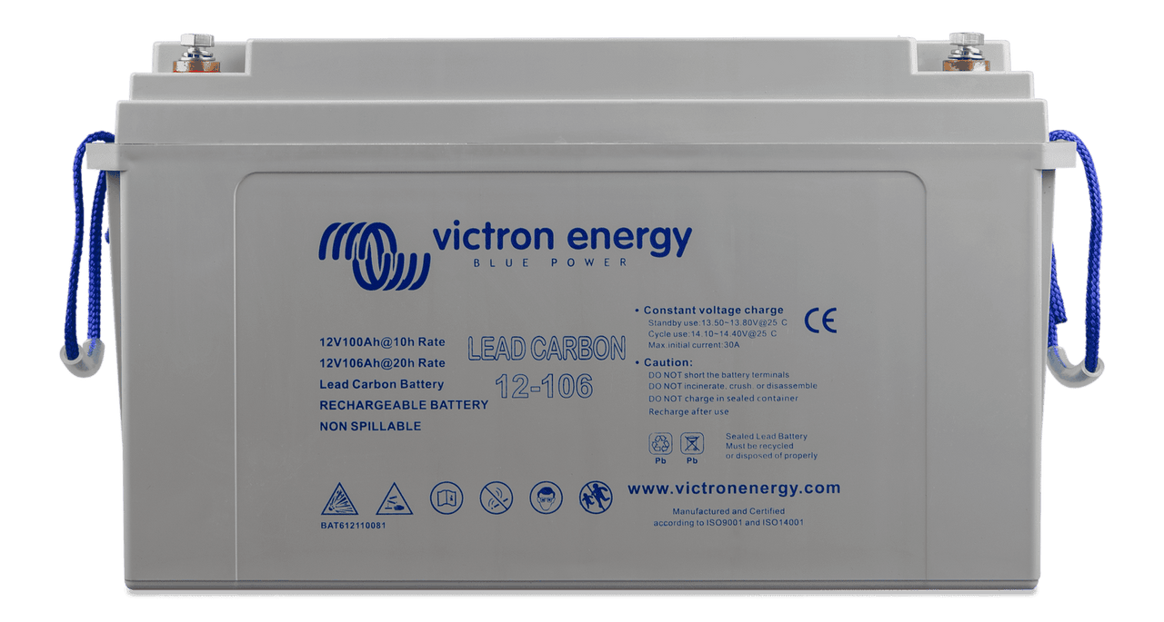 Front view of a grey Victron lead carbon deep cycle battery with blue rope handles and M8 terminals