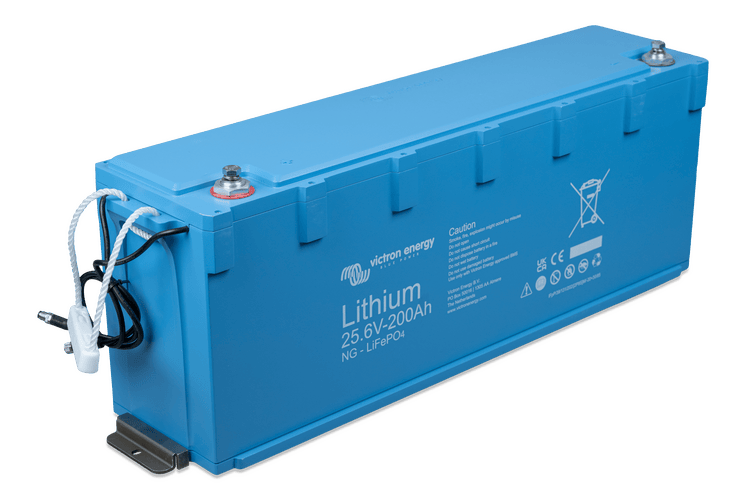 Elevated perspective of the 200Ah lithium battery showing top terminals and enclosure design