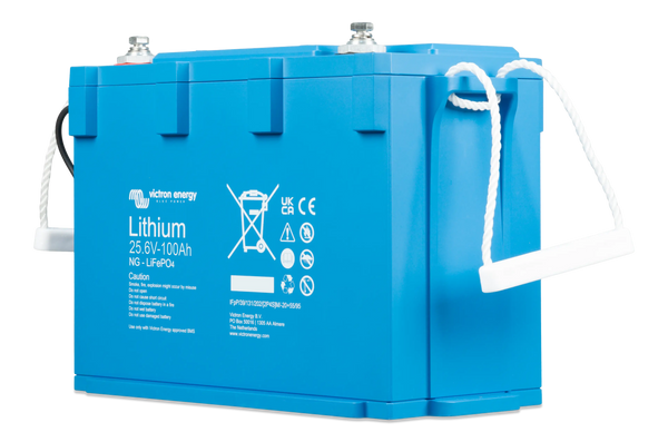 Angled view of the 24V 100Ah lithium battery highlighting the compact design and side handles