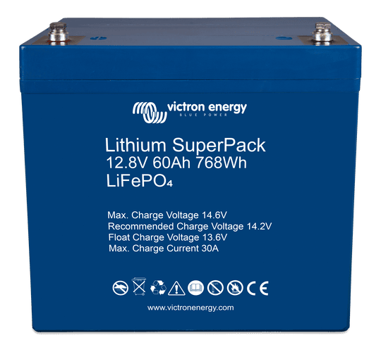 Angled view of Victron 12V 60Ah lithium battery showing M6 terminals