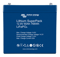 Front view of blue Victron Lithium SuperPack 12.8V 60Ah LiFePO4 battery