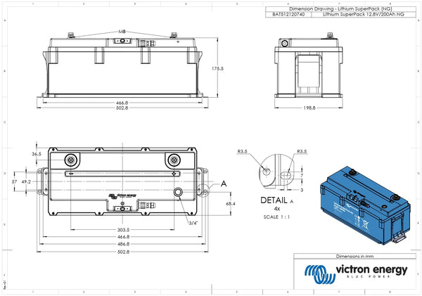 Engineering dimensional drawing of the 200Ah SuperPack NG battery with metric measurements