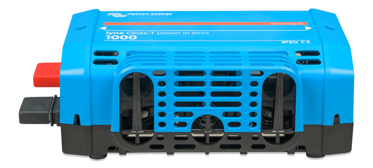 Angled front view of blue Lynx Class-T Power In unit showing vent patterns
