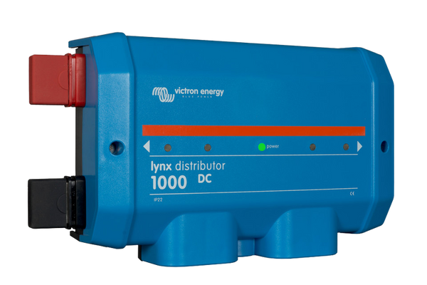 Left perspective of blue Victron Lynx Distributor 1000 DC showing enclosure design