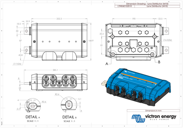 Dimensional drawing of Victron Lynx Distributor showing measurements in millimetres