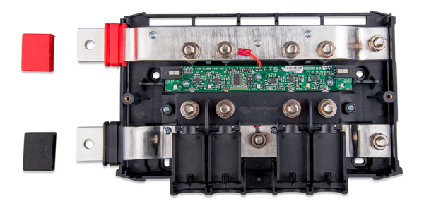 Internal top-down view of Victron Lynx Distributor showing busbars and circuit board