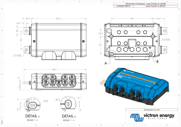 Dimensional drawing for Victron Lynx Power In M10 showing physical measurements