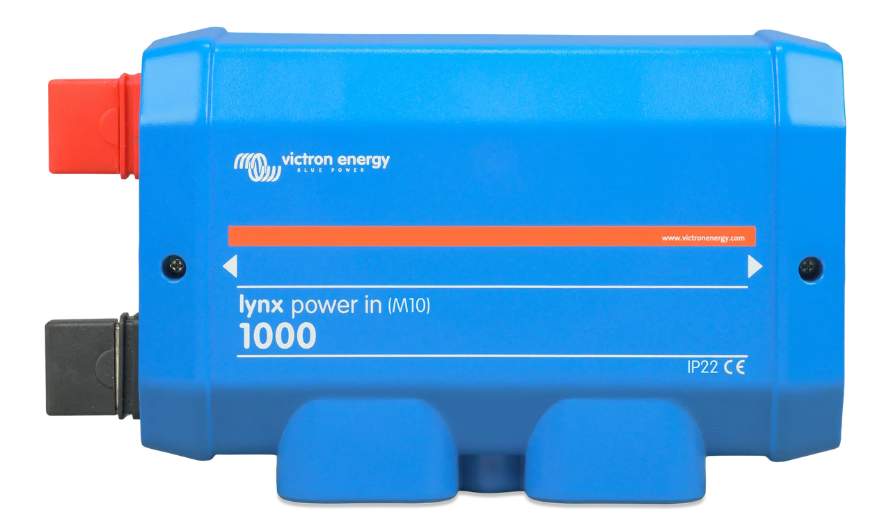 Front view of blue Victron Lynx Power In M10 DC modular busbar enclosure