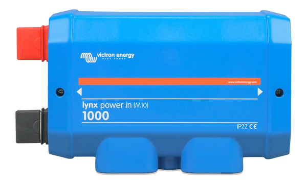 Front view of blue Victron Lynx Power In M10 DC modular busbar enclosure