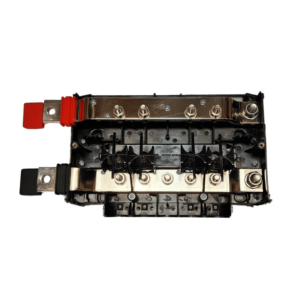 Internal top-down view of Victron Lynx Power In showing tinned copper busbars and M10 studs