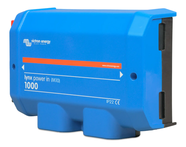 Right side perspective view of the blue Victron Lynx Power In enclosure