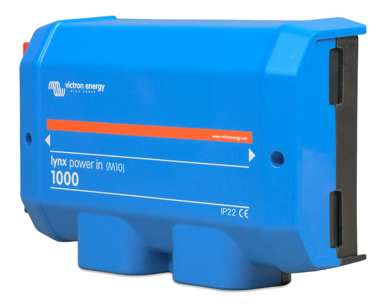 Right side perspective view of the blue Victron Lynx Power In enclosure