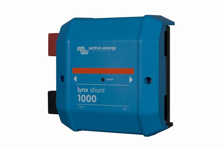 Angled side view of blue Victron Lynx Shunt 1000 showing enclosure depth and mounting slots
