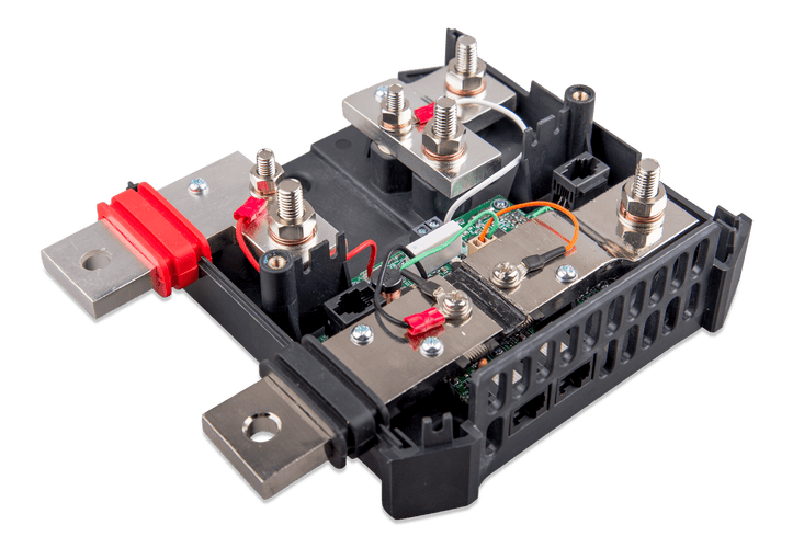 Interior view of Lynx Shunt 1000 showing terminal studs and communication ports