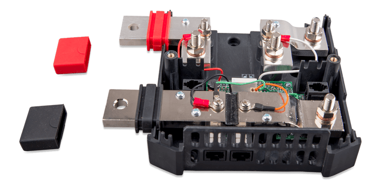 Internal components of Lynx Shunt 1000 showing depth of busbars and connector ports