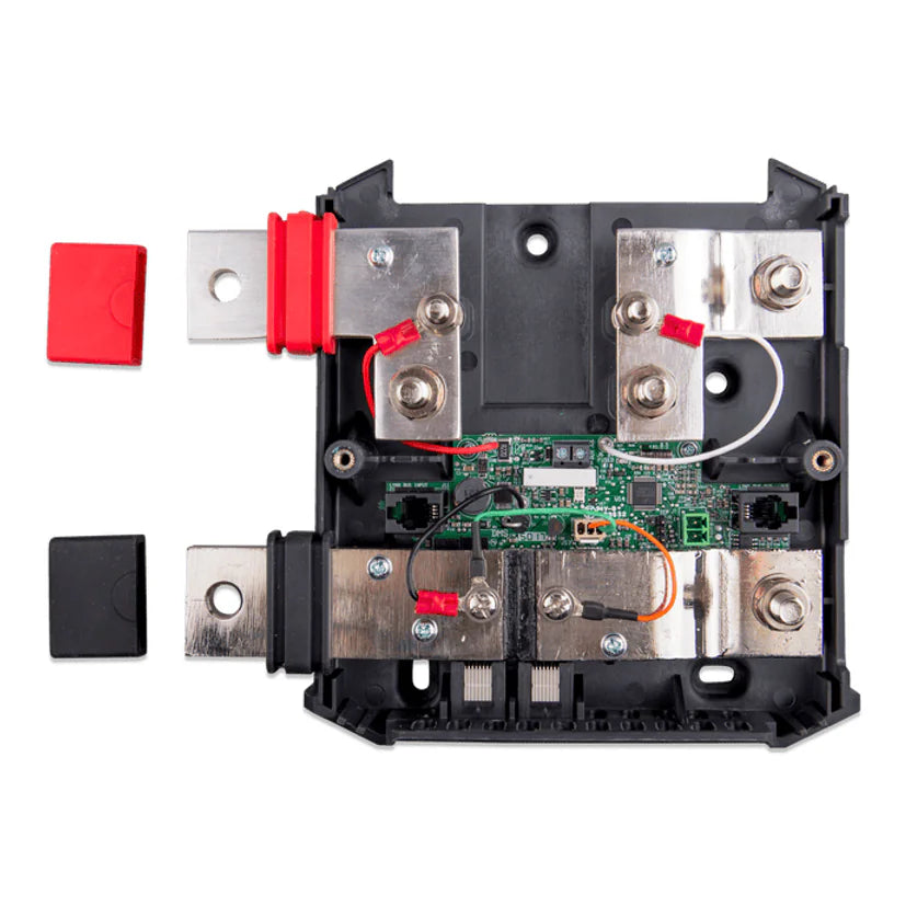 Top-down internal view of battery shunt showing tinned copper busbars and circuit board