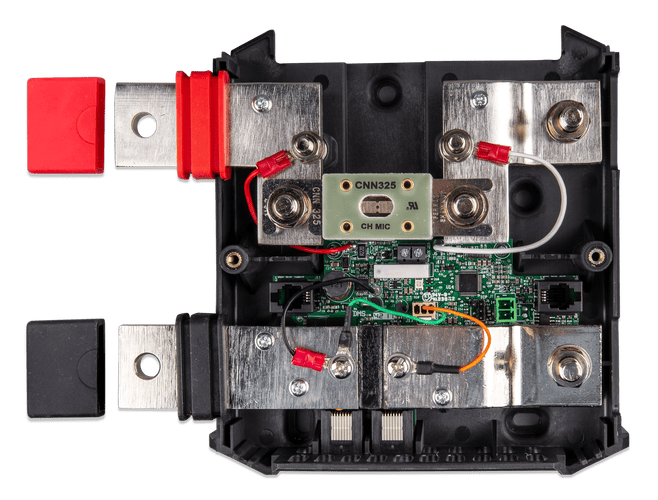 Internal view of Lynx Shunt 1000 with a CNN fuse installed on the M8 busbar