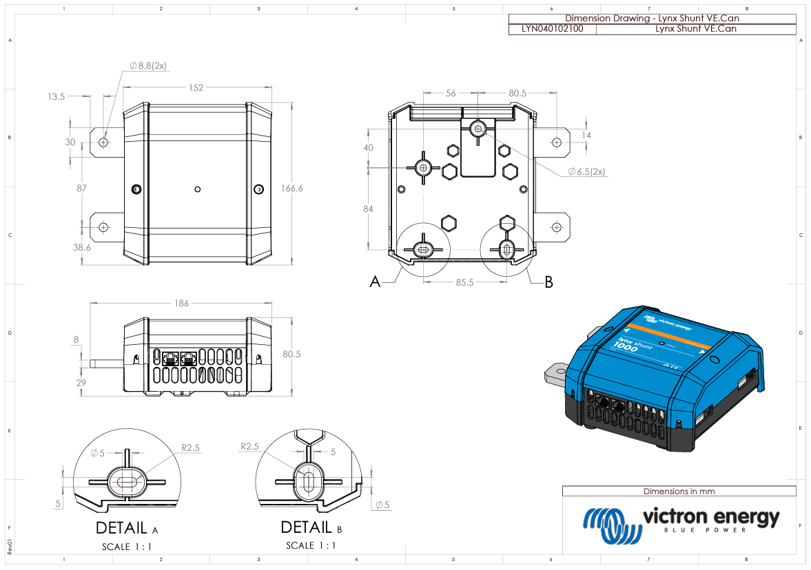 Technical dimension drawing for Victron Lynx Shunt VE.Can showing height, width, and mounting hole positions
