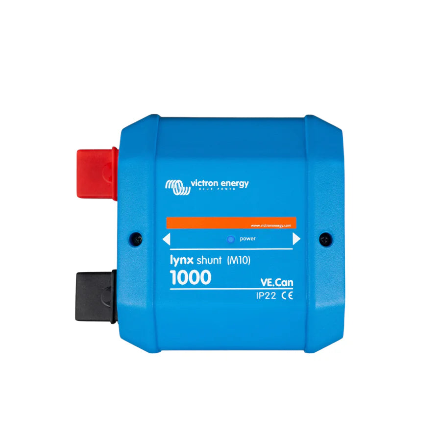 Front view of blue Victron Lynx Shunt VE.Can with M10 connections for battery monitoring