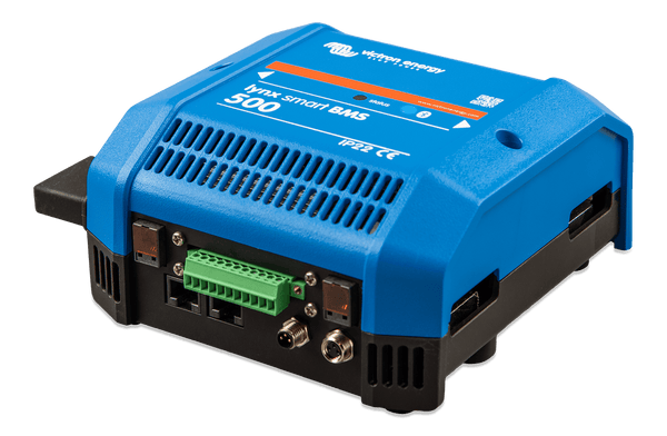 Isometric bottom view of blue Lynx Smart BMS unit showing cooling vents and port layout