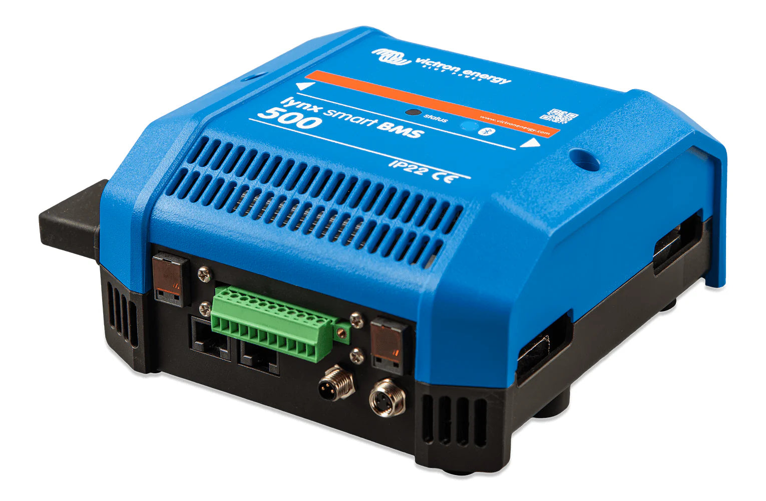 Side perspective of blue Victron Lynx Smart BMS 500 showing enclosure ventilation and design