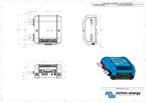 Dimensional engineering drawing of the Victron Lynx Smart BMS 500 with measurements in millimetres