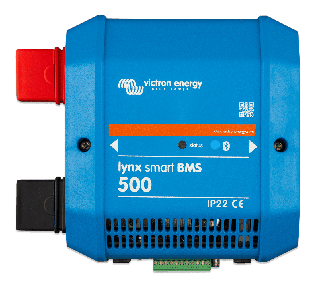 Front view of the blue Victron Lynx Smart BMS 500 with integrated status LEDs and IP22 rating
