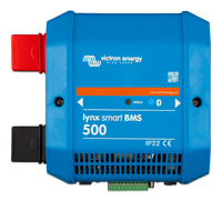 Front view of the blue Victron Lynx Smart BMS 500 with integrated status LEDs and IP22 rating
