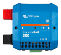 Front view of the blue Victron Lynx Smart BMS 500 with integrated status LEDs and IP22 rating
