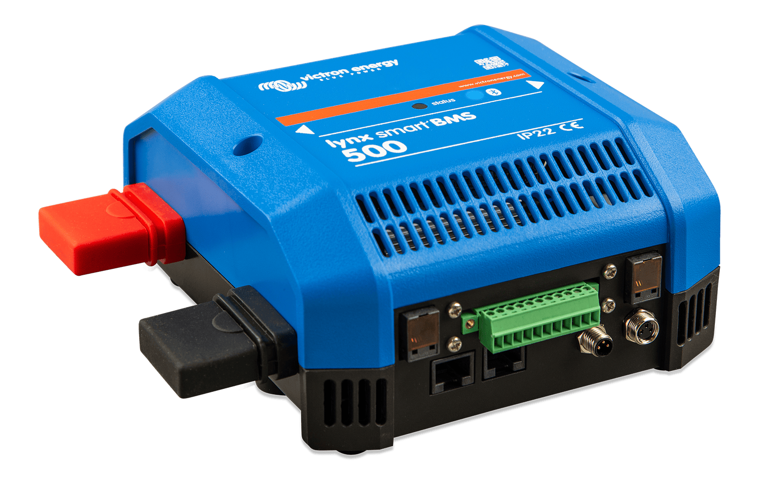 Perspective view of Victron Lynx Smart BMS showing bottom connectivity ports for system integration