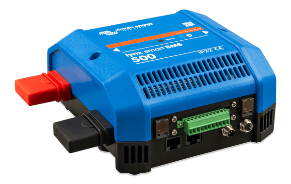 Perspective view of Victron Lynx Smart BMS showing bottom connectivity ports for system integration