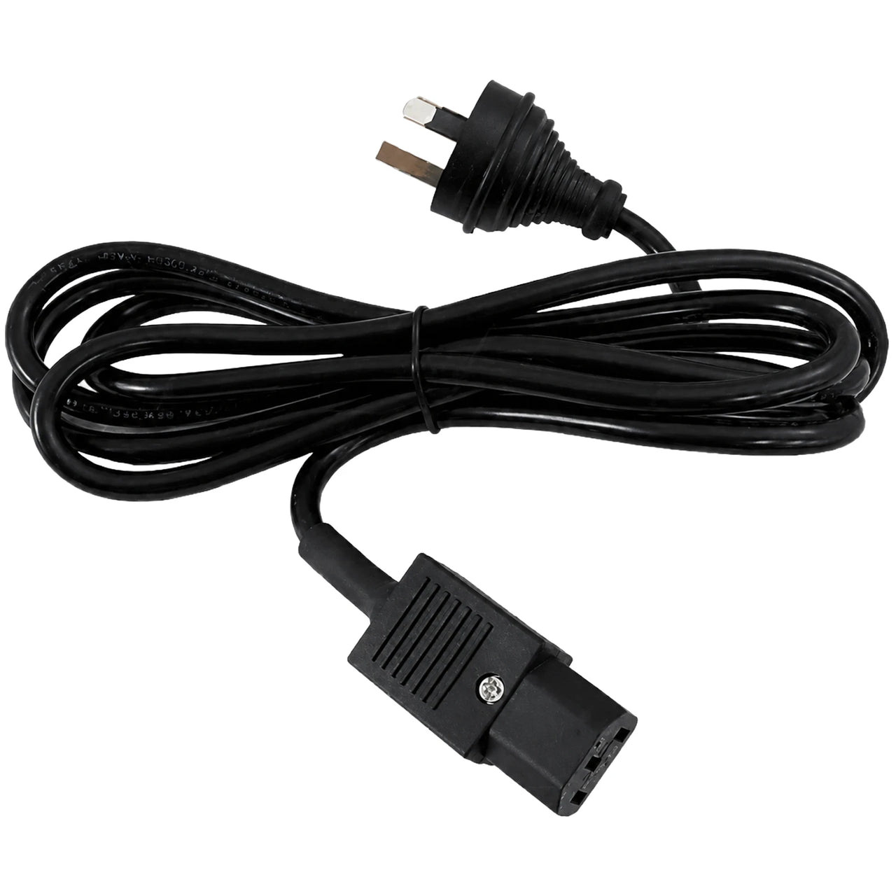 2m black mains power cord featuring an AU/NZ 3-pin plug and secure IEC C13 connector