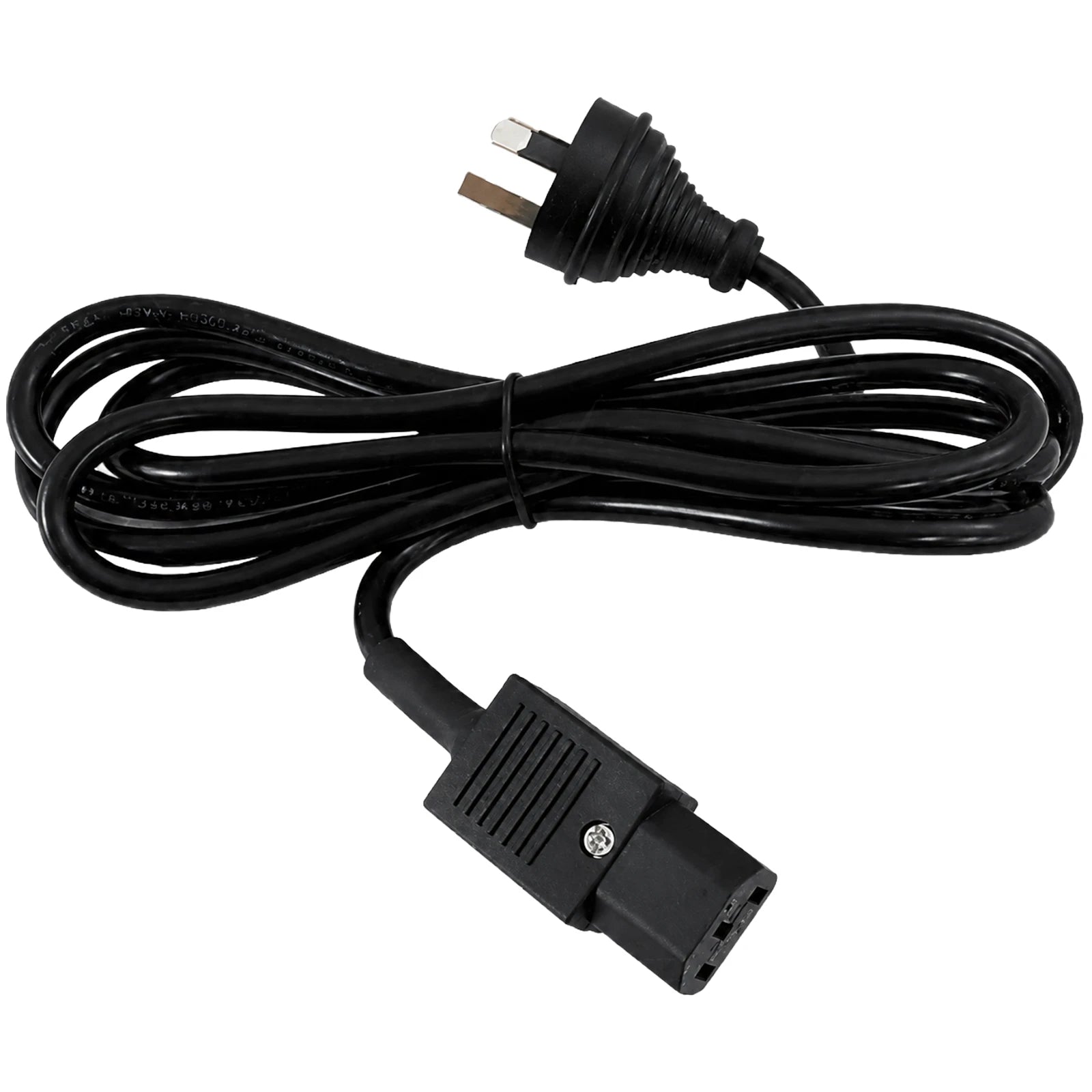 2m black mains power cord featuring an AU/NZ 3-pin plug and secure IEC C13 connector