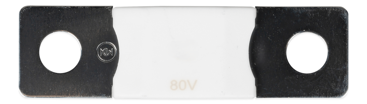 Top-down view of 100A 80V MEGA fuse showing the white ceramic housing and dual mounting holes