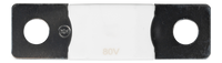 Top-down view of 100A 80V MEGA fuse showing the white ceramic housing and dual mounting holes
