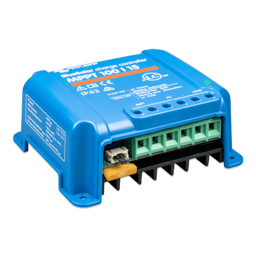 Side view of BlueSolar MPPT 100/15 controller showing technical specification label