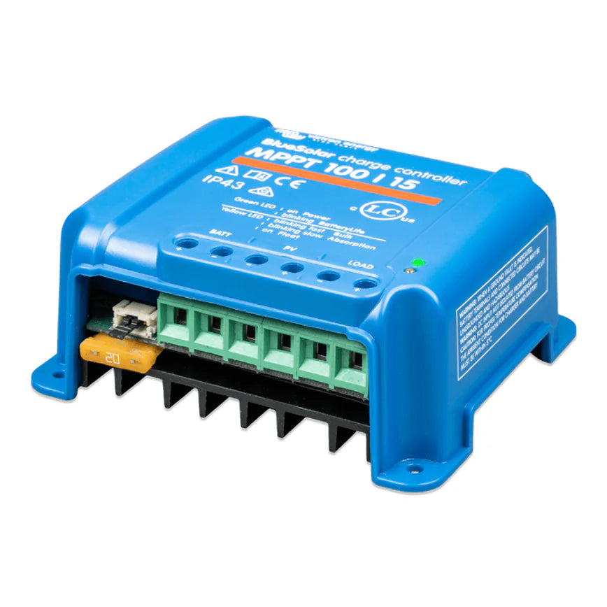 Perspective view of BlueSolar controller showing connection terminals and replaceable fuse