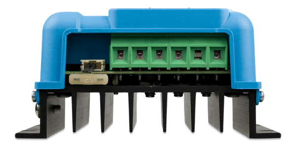 Bottom profile view showing the internal terminal block and cooling fins