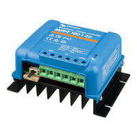 Angled view of Victron MPPT 100/20 showing bottom connection area and large cooling fins