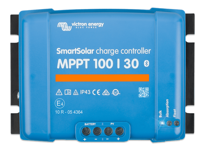 Close-up of blue Victron MPPT 100/30 charge controller front panel