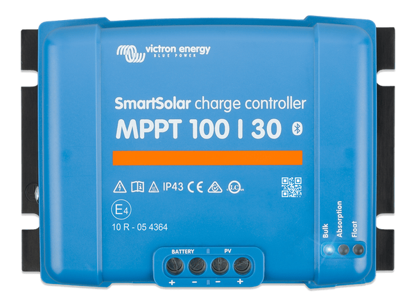 Close-up of blue Victron MPPT 100/30 charge controller front panel
