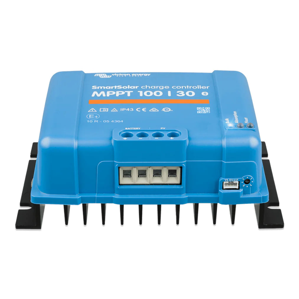 Detail view of the terminal block on a Victron SmartSolar MPPT 100/30 controller