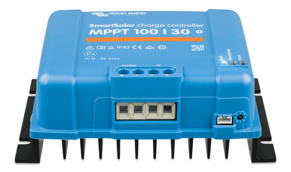 Detail view of the terminal block on a Victron SmartSolar MPPT 100/30 controller