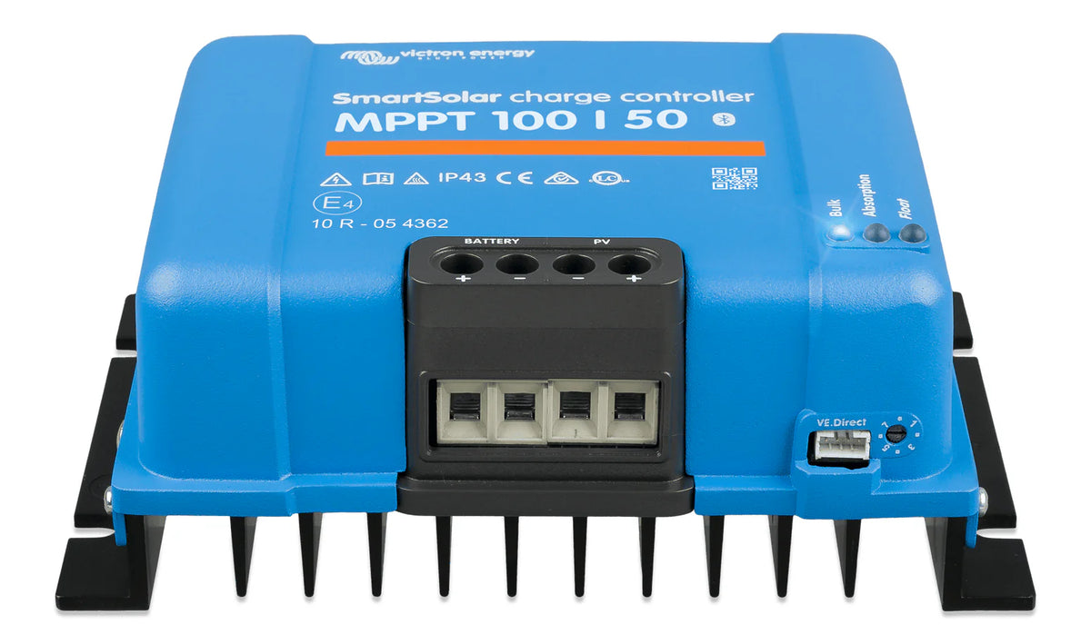 Front angled perspective of the 50A Victron solar charge controller
