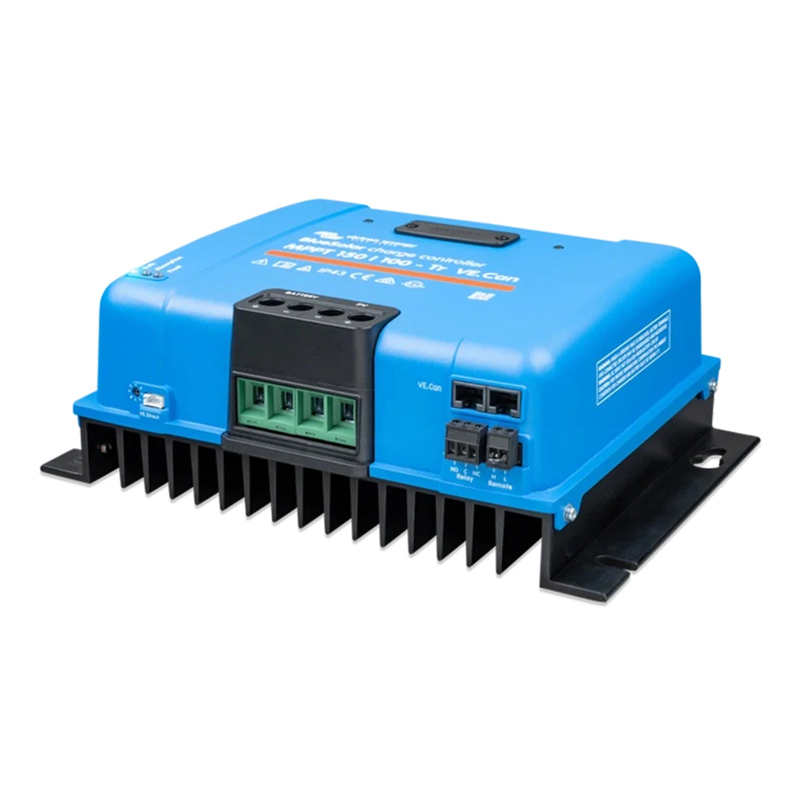 Angled view highlighting the VE.Can and programmable relay ports on the solar charge controller