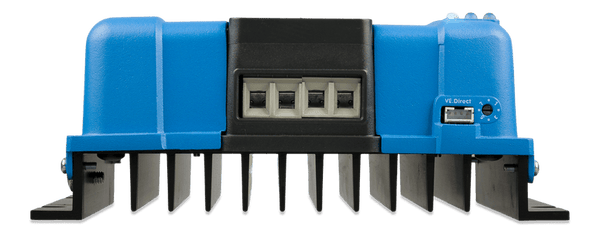 Bottom view of charge controller showing screw terminal blocks and VE.Direct communication port